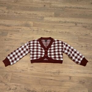 Houndstooth Puff Sleeve Knit Cardigan Maroon Cropped V-Neck size S